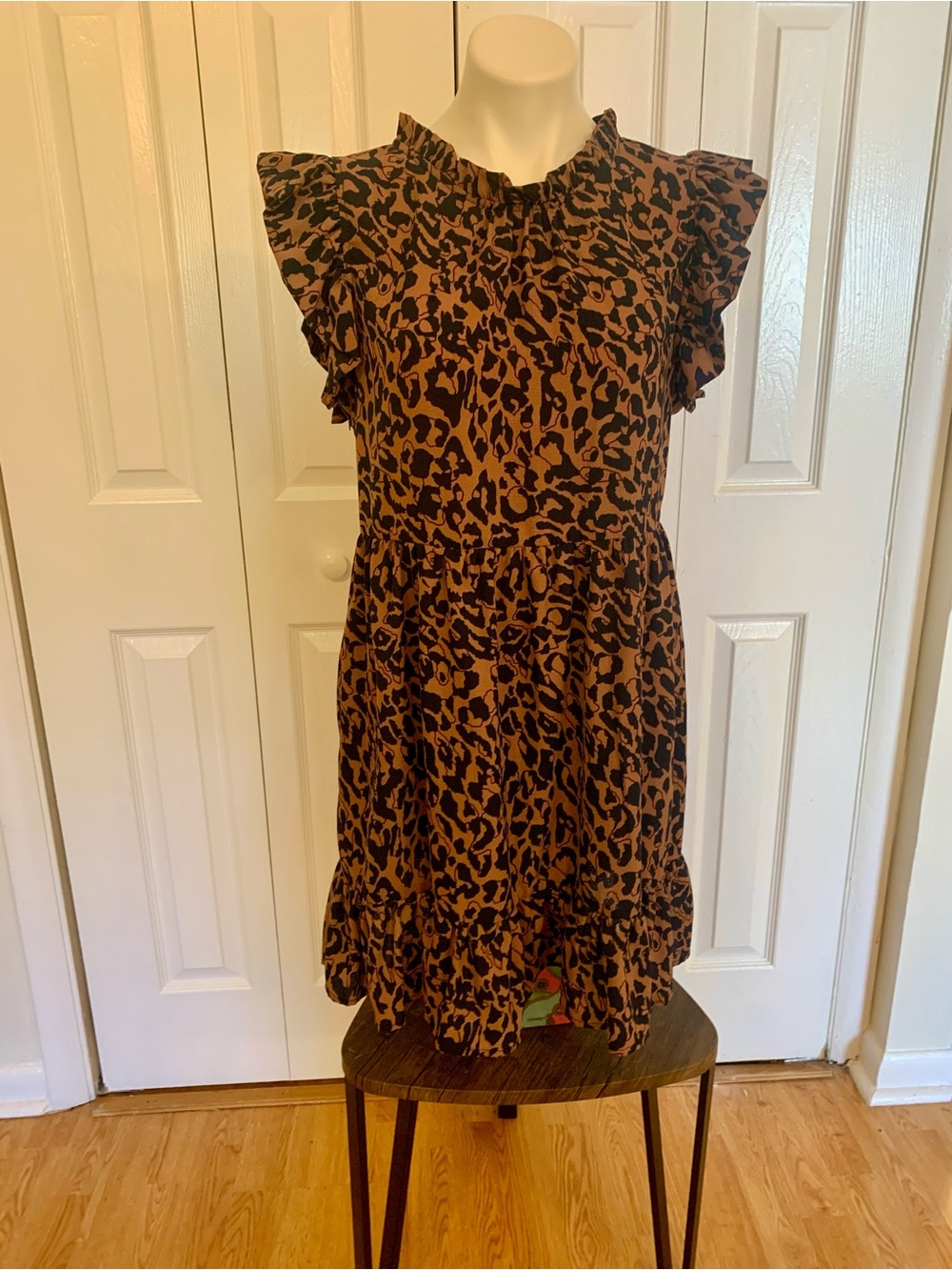Brown Leopard Print Ruffle Sleeve Mini Dress